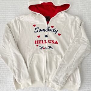 New Hell USA Somebody at Hell USA Hates Me Zip Up Hoodie Jacket White Unisex L